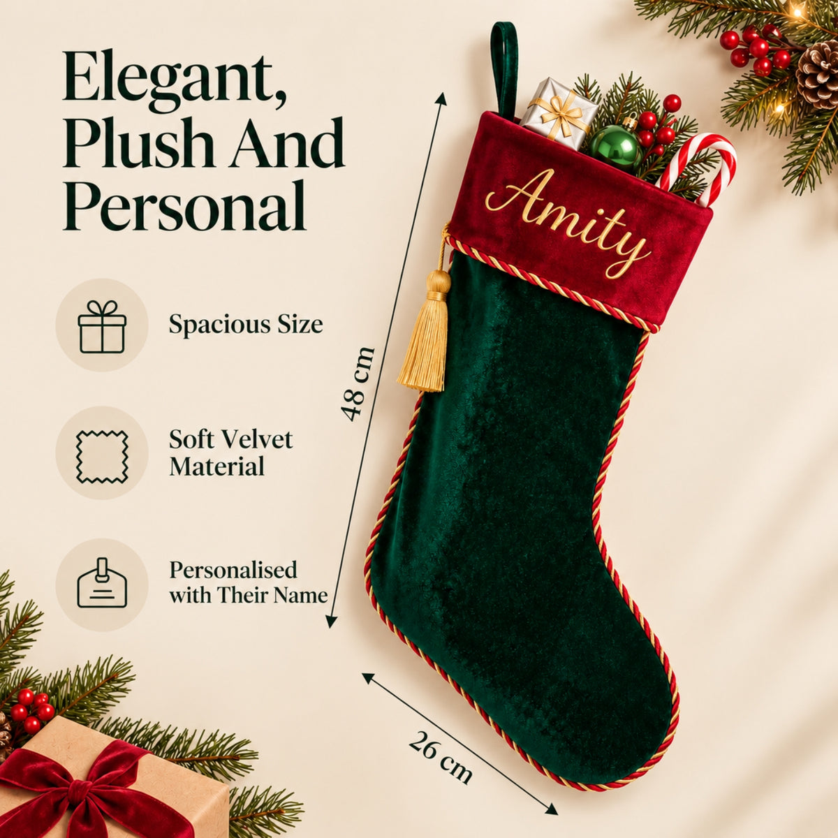 Little Teekie Personalised Velvet Christmas Stocking | Velvet Cuff & Name Embroidery – Green