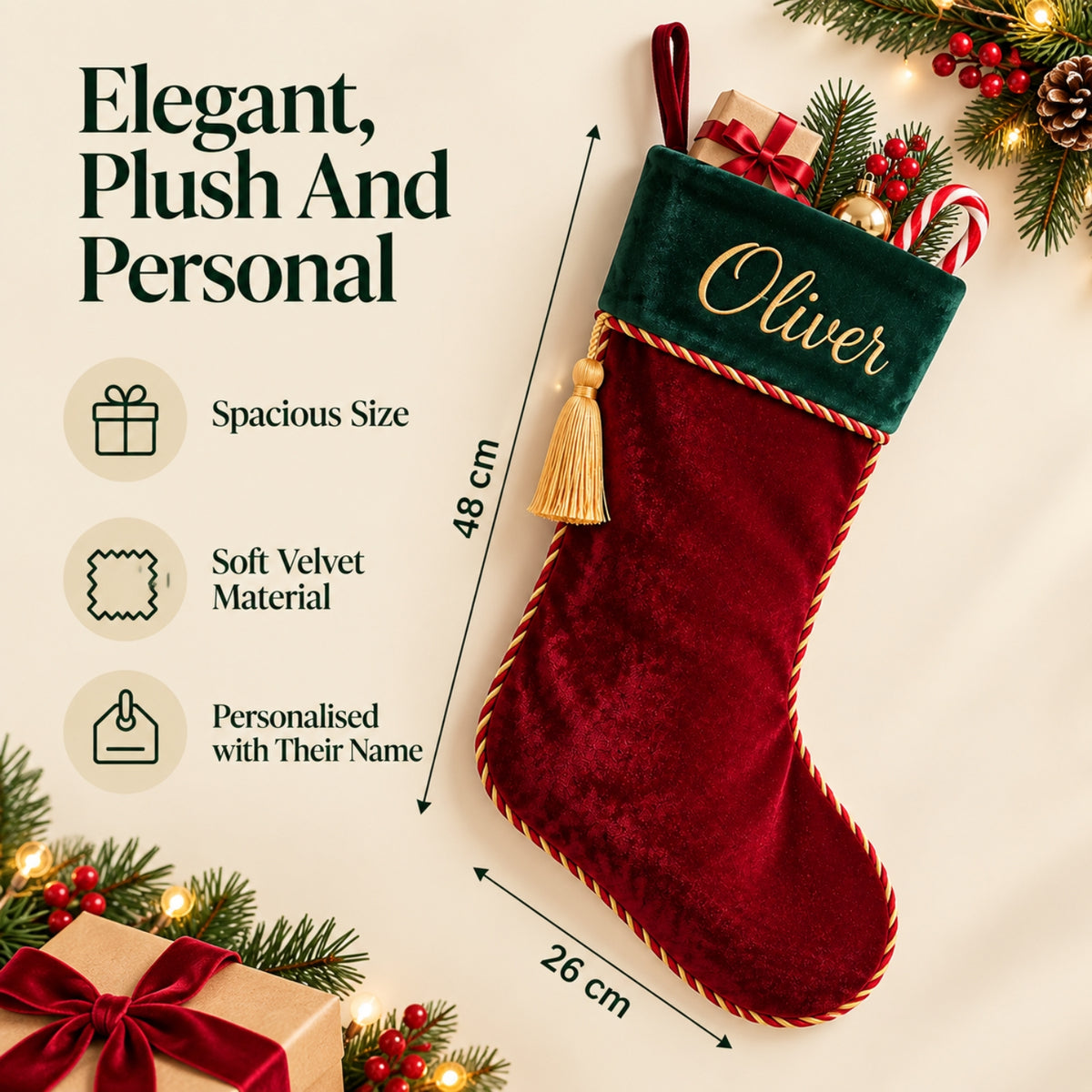Little Teekie Personalised Velvet Christmas Stocking | Velvet Cuff & Name Embroidery – Red
