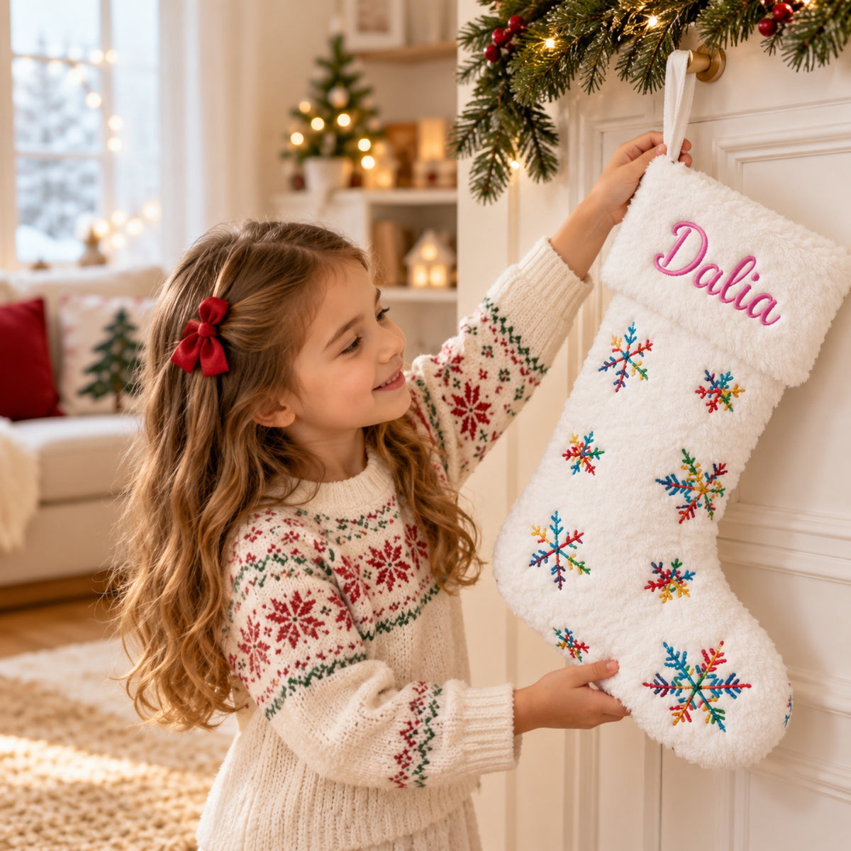 Little Teekie Personalised Christmas Stocking | Snowflake Embroidery with Faux Fur Cuff - Multicolor