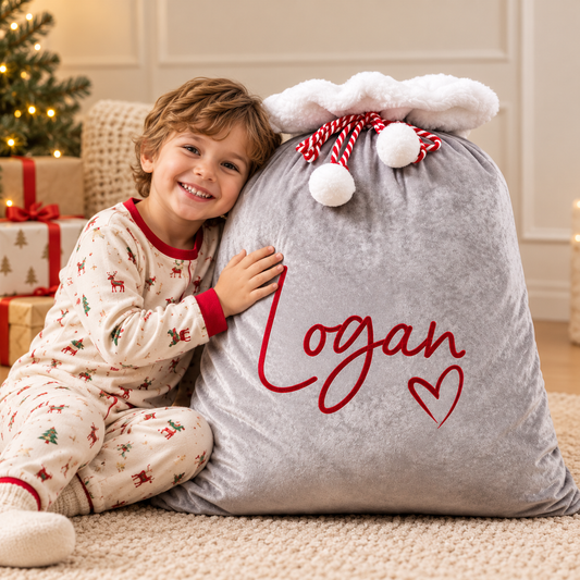 Little Teekie Personalised Santa Sack | Embroidered Name, Grey Plush with White Fluffy Trim