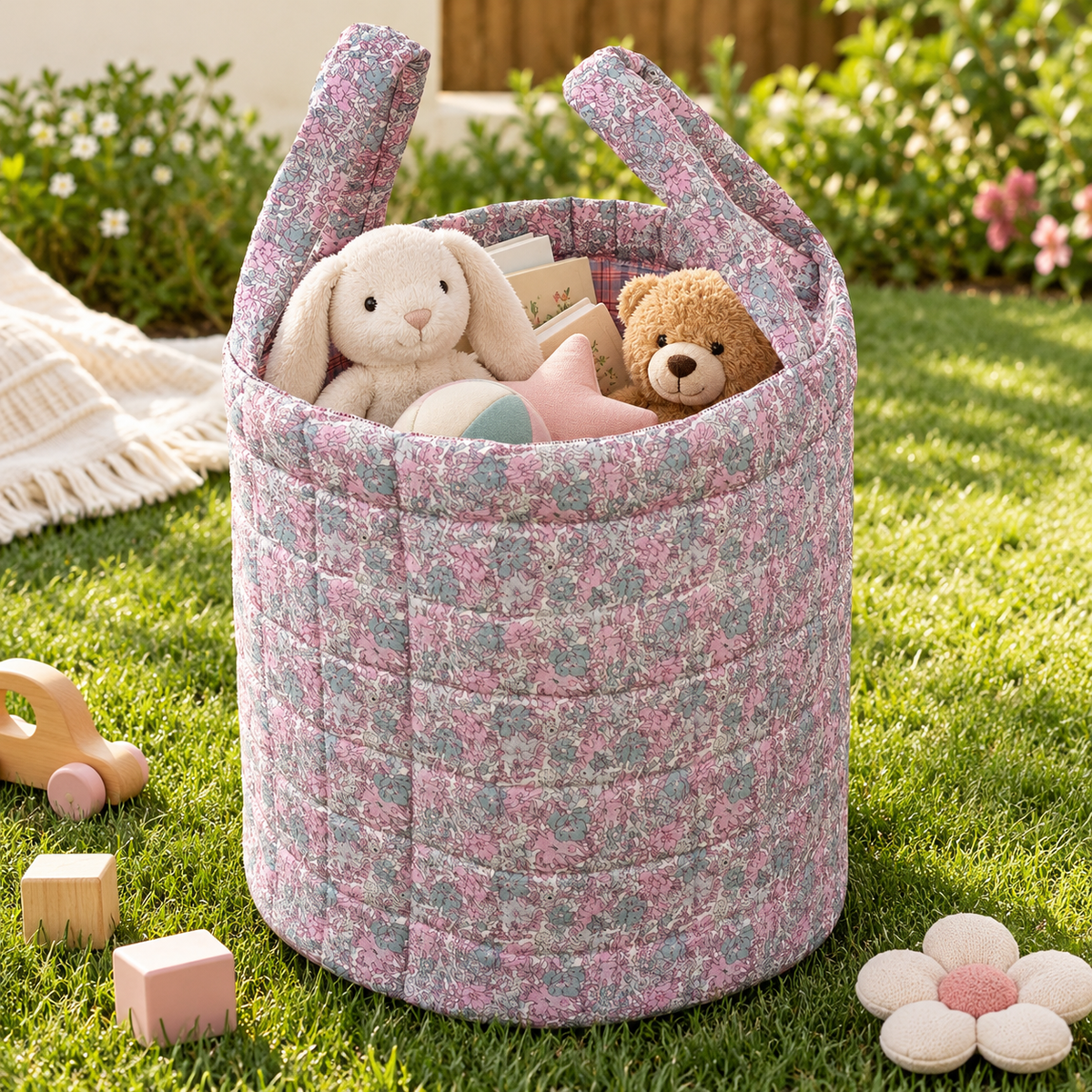 Little Teekie Large Storage Basket | Fairy Floral Nursery Toy Basket – Soft Pink