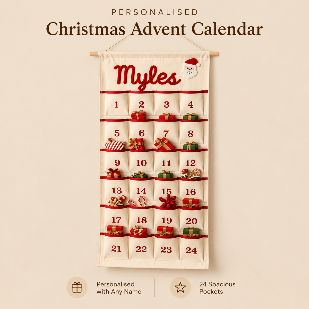 Little Teekie Personalised Canvas Advent Calendar | Rope Embroidered Name, 100cmx45cm - Red