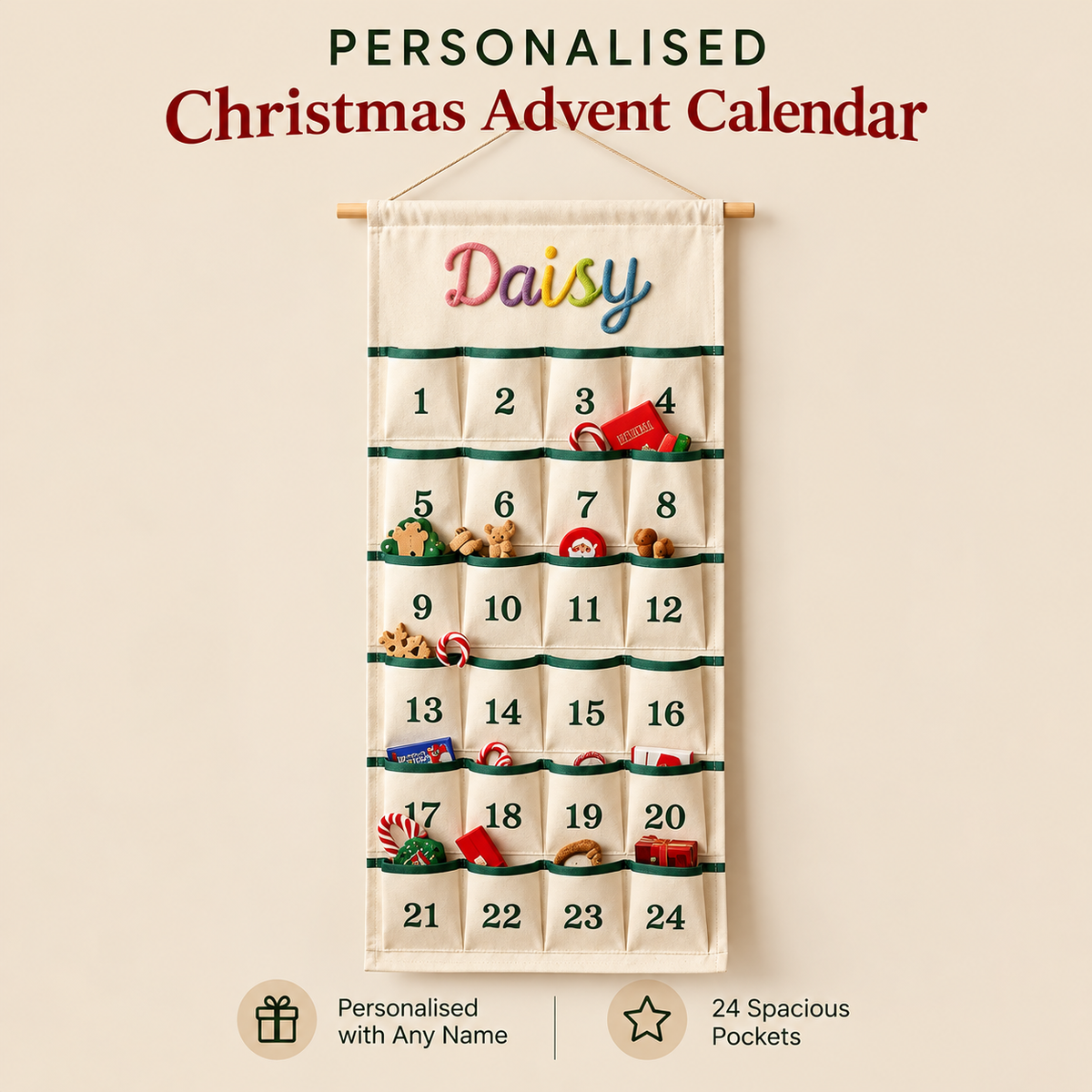 Little Teekie Personalised Canvas Advent Calendar | Rope Embroidered Name, 100cmx45cm - Green