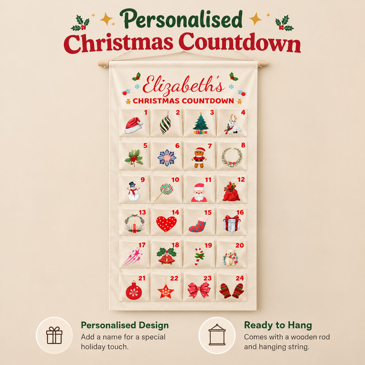 Little Teekie Personalised Canvas Advent Calendar | Hanging Christmas Countdown with 24 Pockets, 40x70cm – Cream