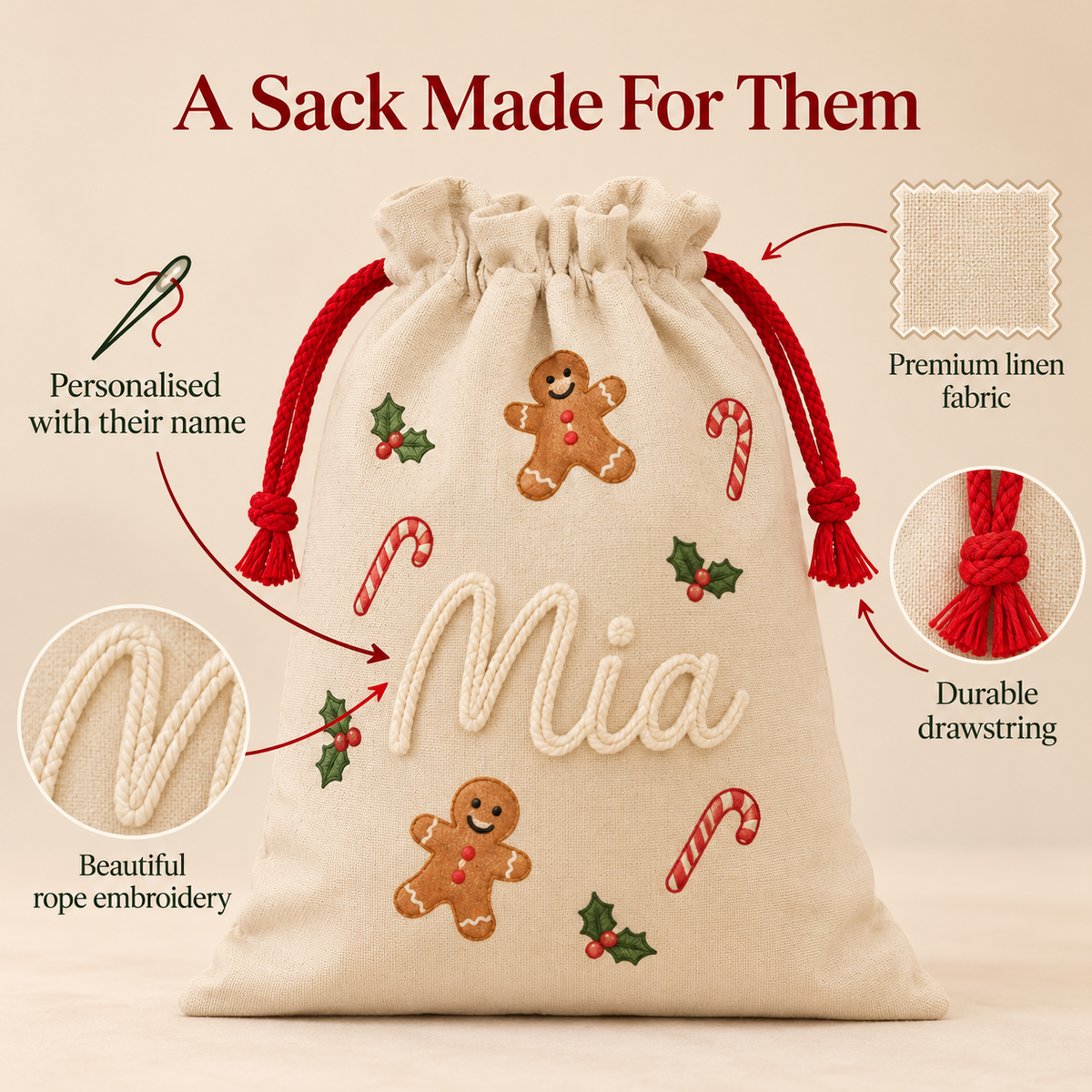 Little Teekie Personalised Canvas Santa Sack | Gingerbread & Candy Cane Print, Rope Embroidery – Cream