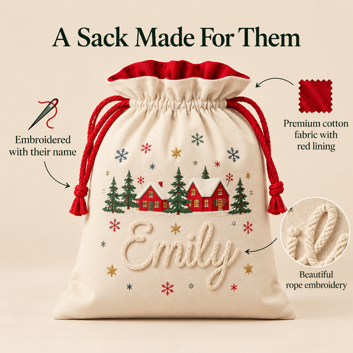 Little Teekie Personalised Canvas Santa Sack | Christmas Tree with Gold Stars, Rope Embroidery – Cream