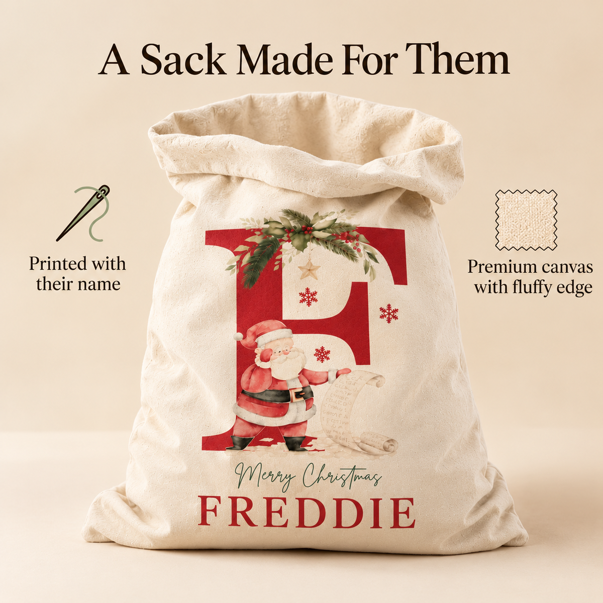 Little Teekie Personalised Printed Christmas Sack | Santa Design Gift Bag 40x45 cm – Cream