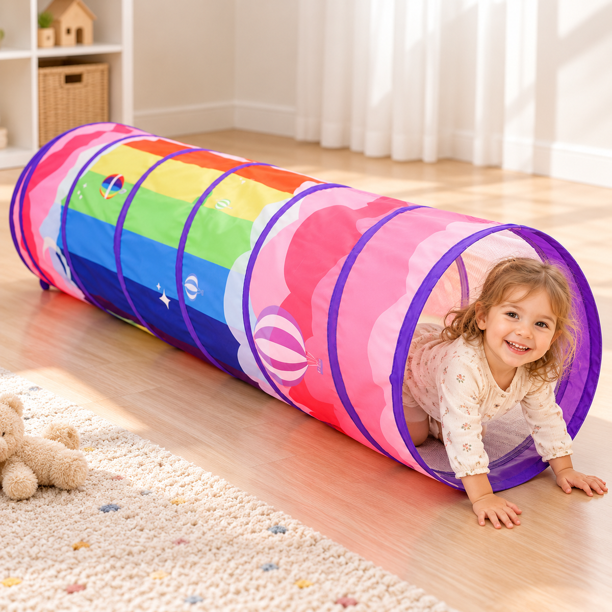 Little Teekie Reversible Play Tunnel | OEKO-TEX Cotton Canvas, Foldable – Rainbow Hot Air Balloon