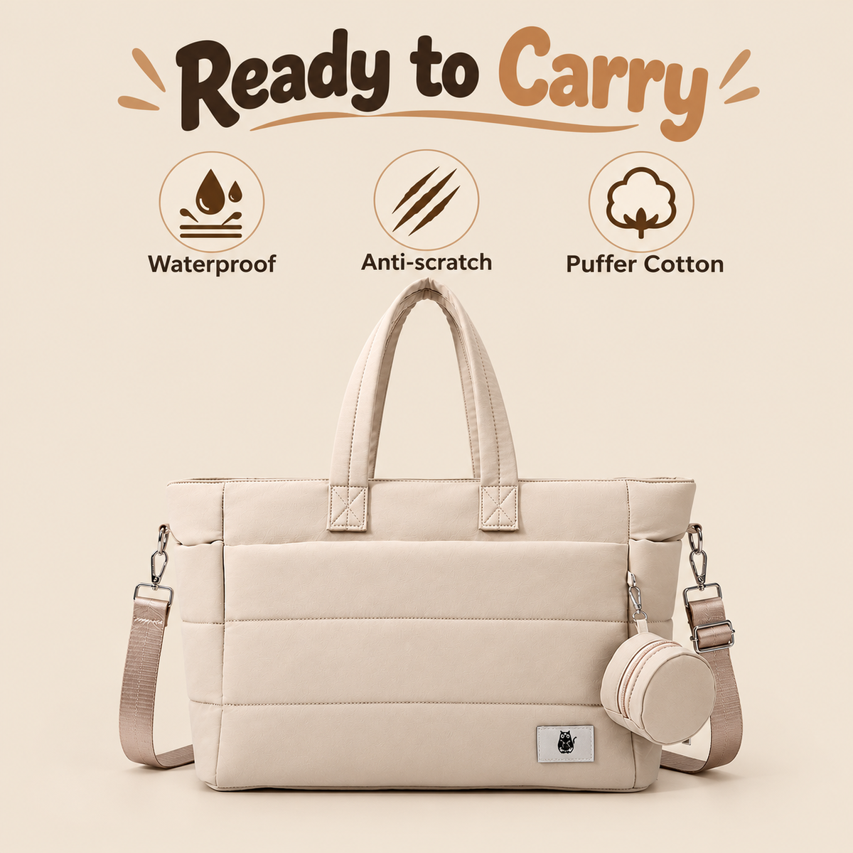 Little Teekie Quilted Nappy Tote | Puffer Cotton, Anti-scratch Lightweight Baby Bag – Cream Beige
