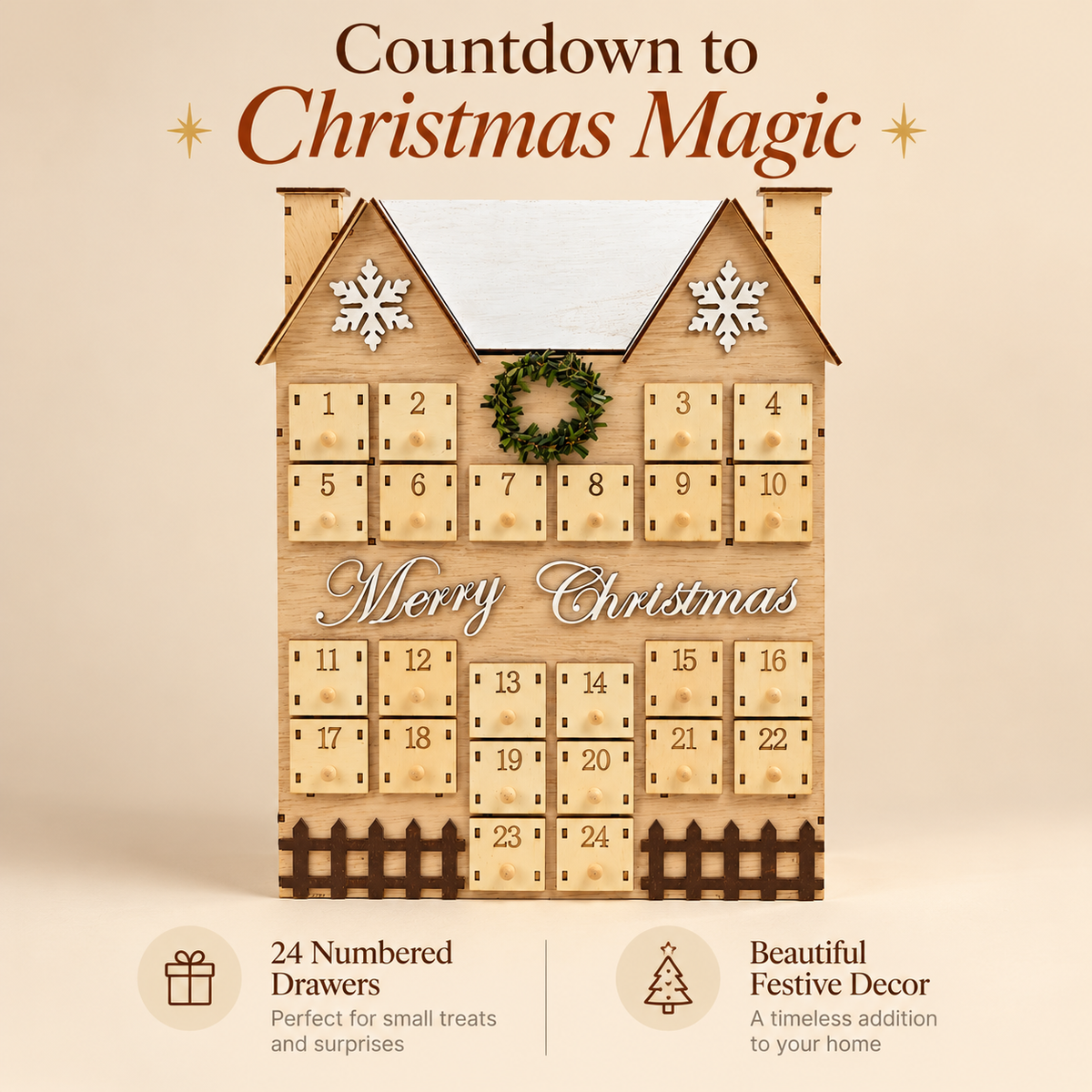 Little Teekie Personalised Wooden Advent Calendar House | 24 Drawer Christmas Countdown for Kids