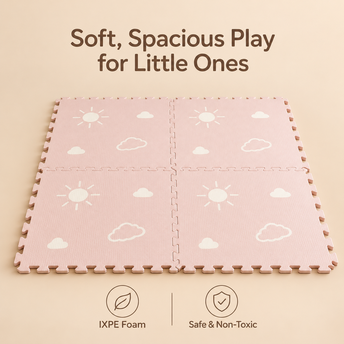 Little Teekie IXPE Foam Play Mat | 120 x 120 cm, 4 Interlocking Pieces – Sun & Cloud Print - Pink