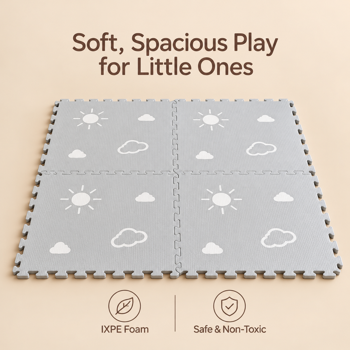 Little Teekie IXPE Foam Play Mat | 120 x 120 cm, 4 Interlocking Pieces – Sun & Cloud Print - Grey