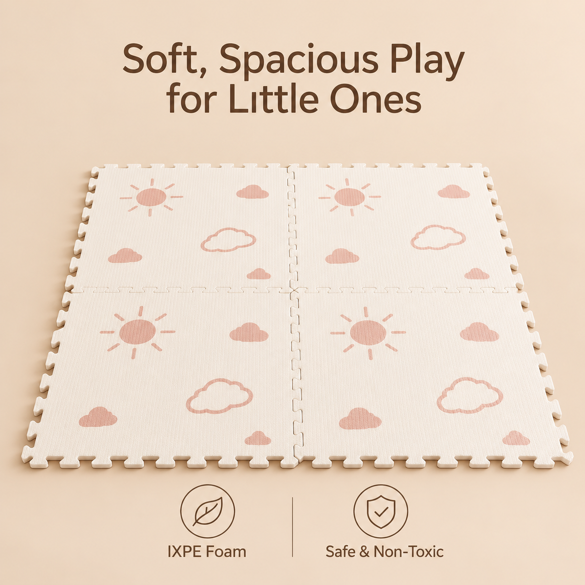 Little Teekie IXPE Foam Play Mat | 120 x 120 cm, 6 Interlocking Pieces – Sun & Cloud Print - Beige