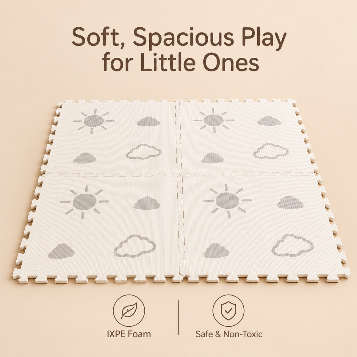 Little Teekie IXPE Foam Play Mat | 120 x 120 cm, 6 Interlocking Pieces – Sun & Cloud Print - White