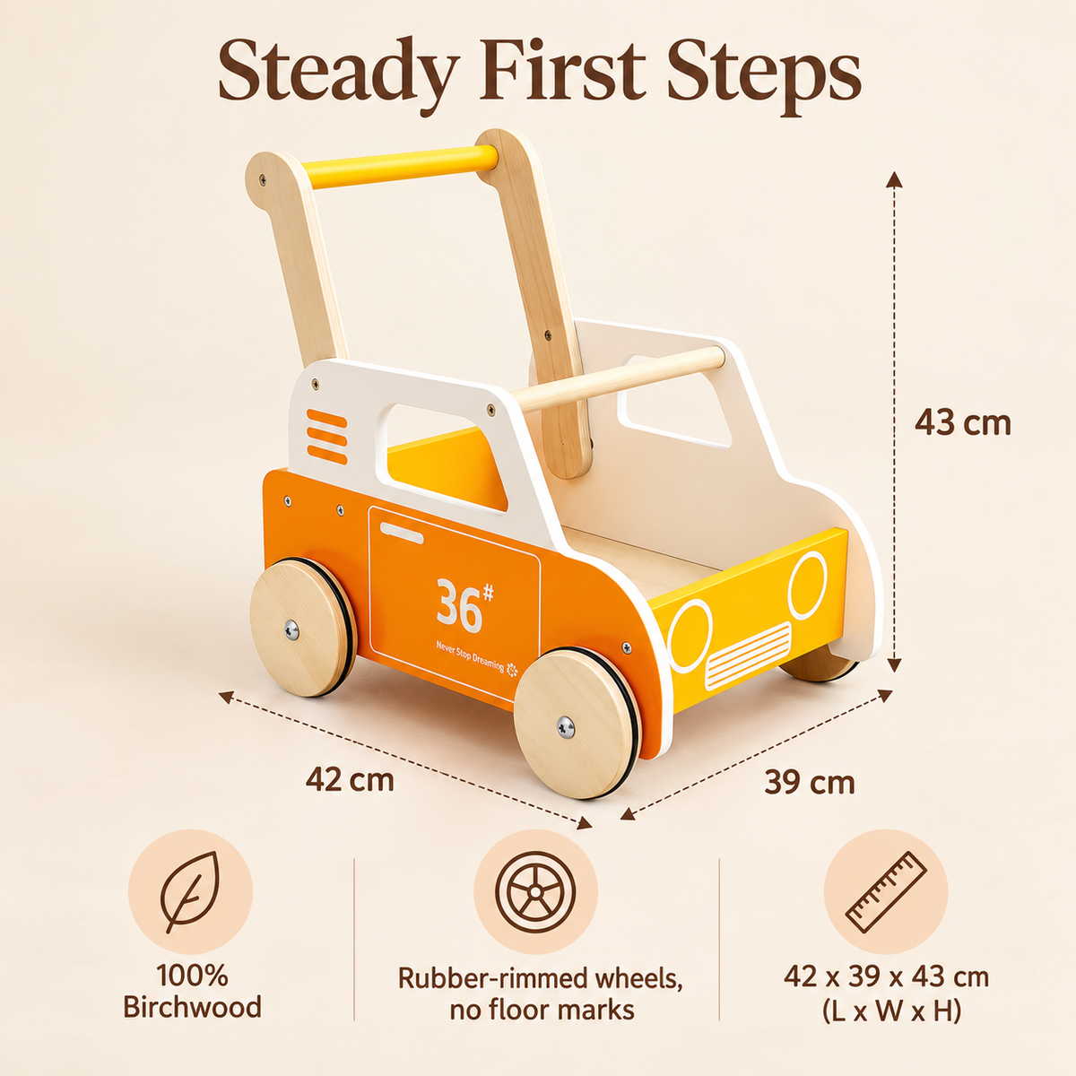 Little Teekie Wooden Push Taxi Walker | 100% Birchwood, Storage Box – Yellow