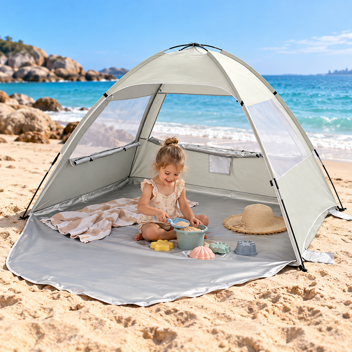 Little Teekie Pop-Up Baby Beach Tent | UPF 50+ with Mesh Sides & Sand Pockets – Beige