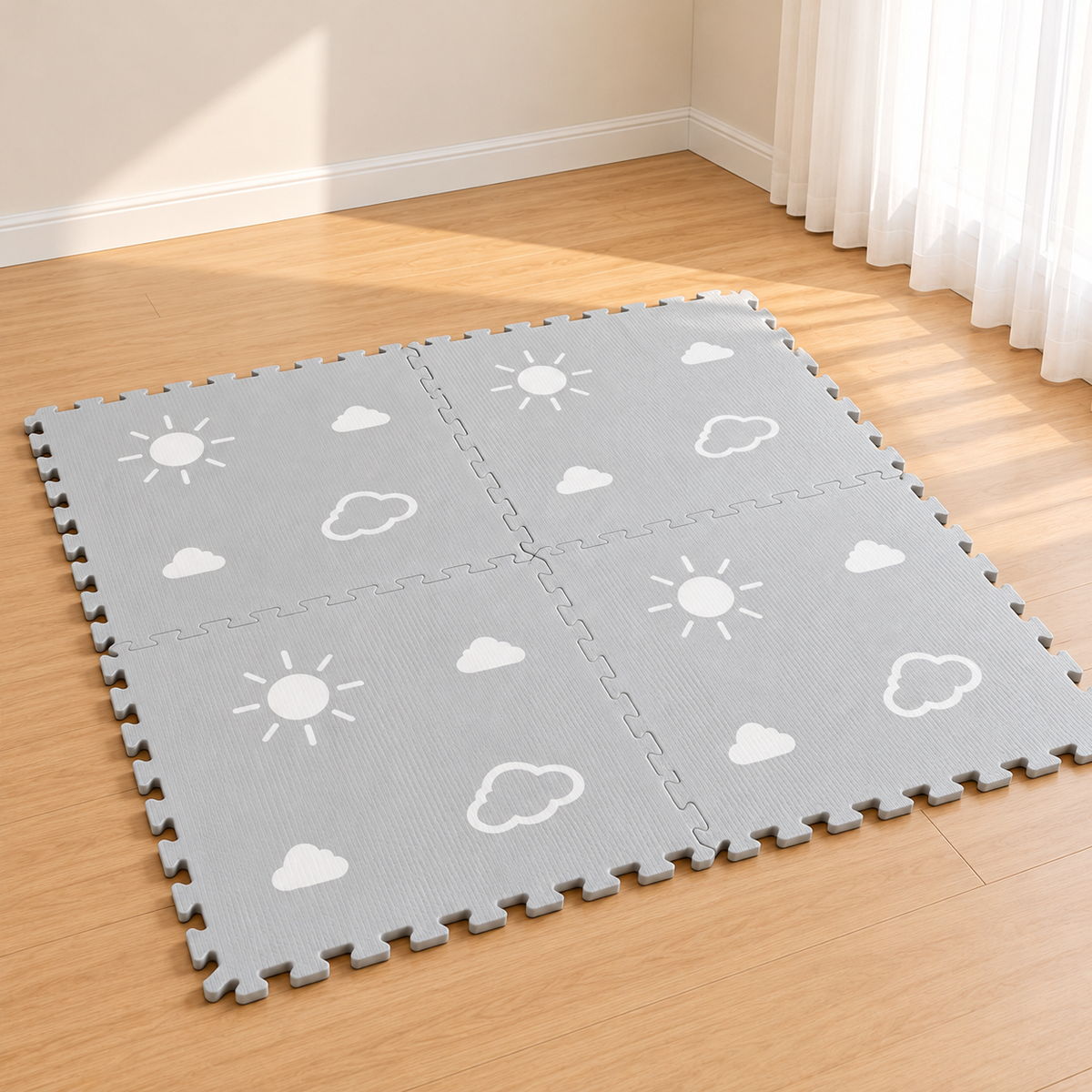 Little Teekie IXPE Foam Play Mat | 120 x 120 cm, 4 Interlocking Pieces – Sun & Cloud Print - Grey