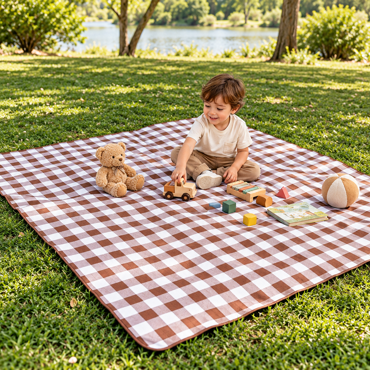 Little Teekie Waterproof Picnic Rug | Roll-Up 2x2m with Carry Strap – Brown Check