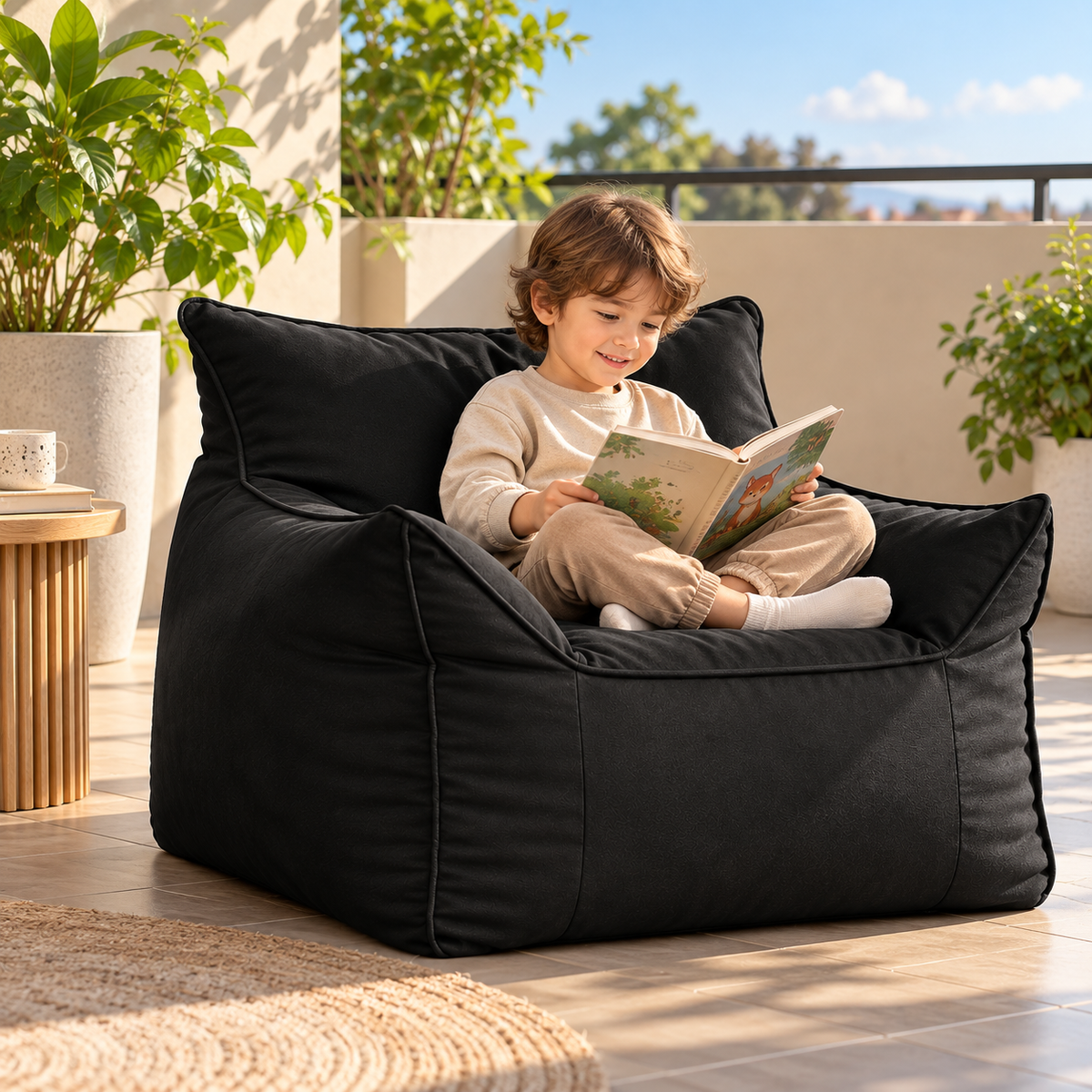 Little Teekie Kids Bean Bag Lounger Cover | Vegan Leather 80x80x70cm – Black