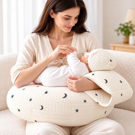Little Teekie Organic Cotton Feeding Pillow | Soft Nursing Support, Star & Moon Print - Black