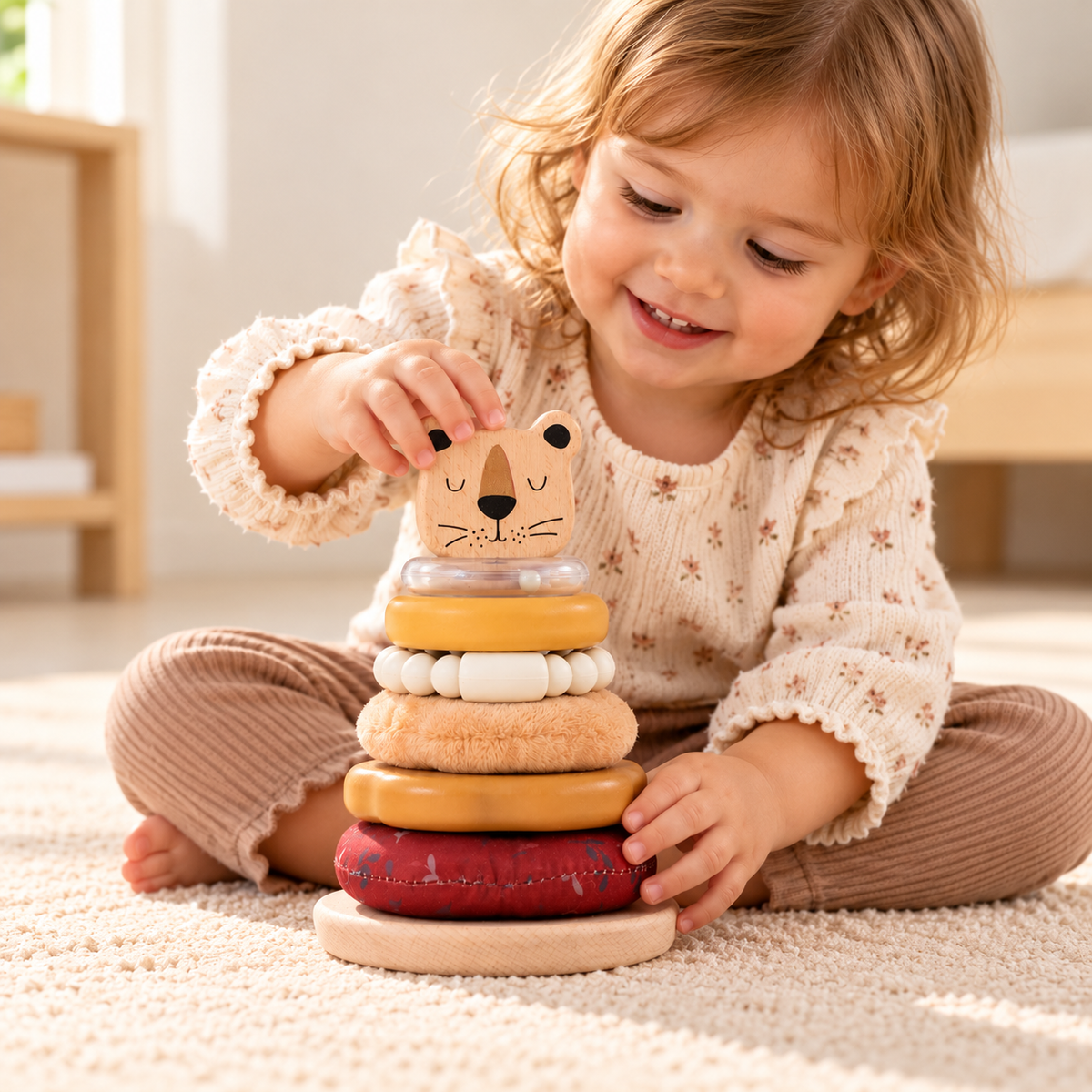 Little Teekie Personalised Lion Stacker Toy | Wooden Stacking Rings with Engraved Name
