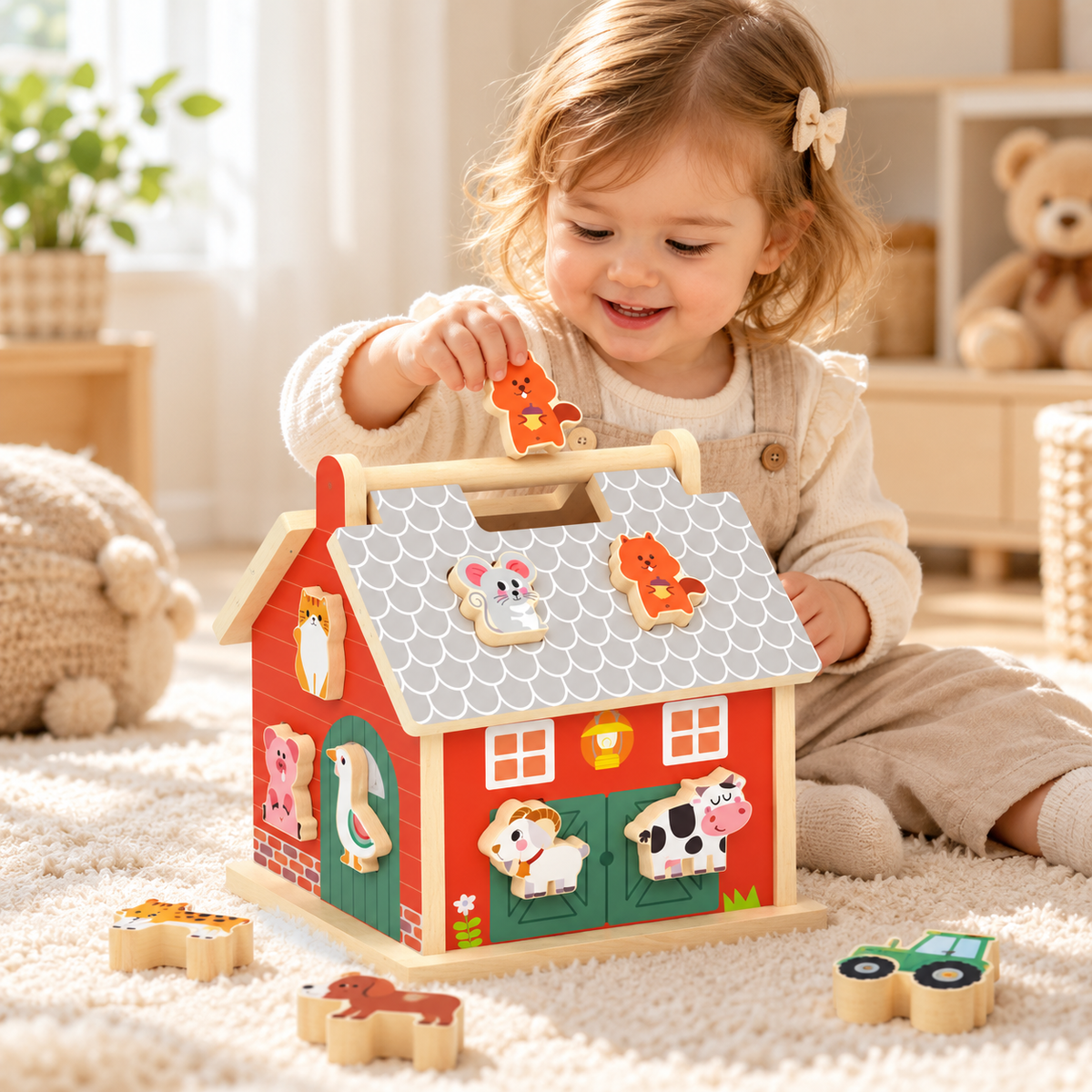 Little Teekie Personalised Wooden Shape Animal Sorter | Engraved Name, Red