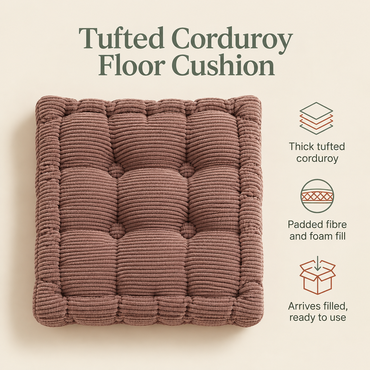 Little Teekie Corduroy Tufted Floor Cushion | Kids Floor Pillow 60cm, Filled – Brown
