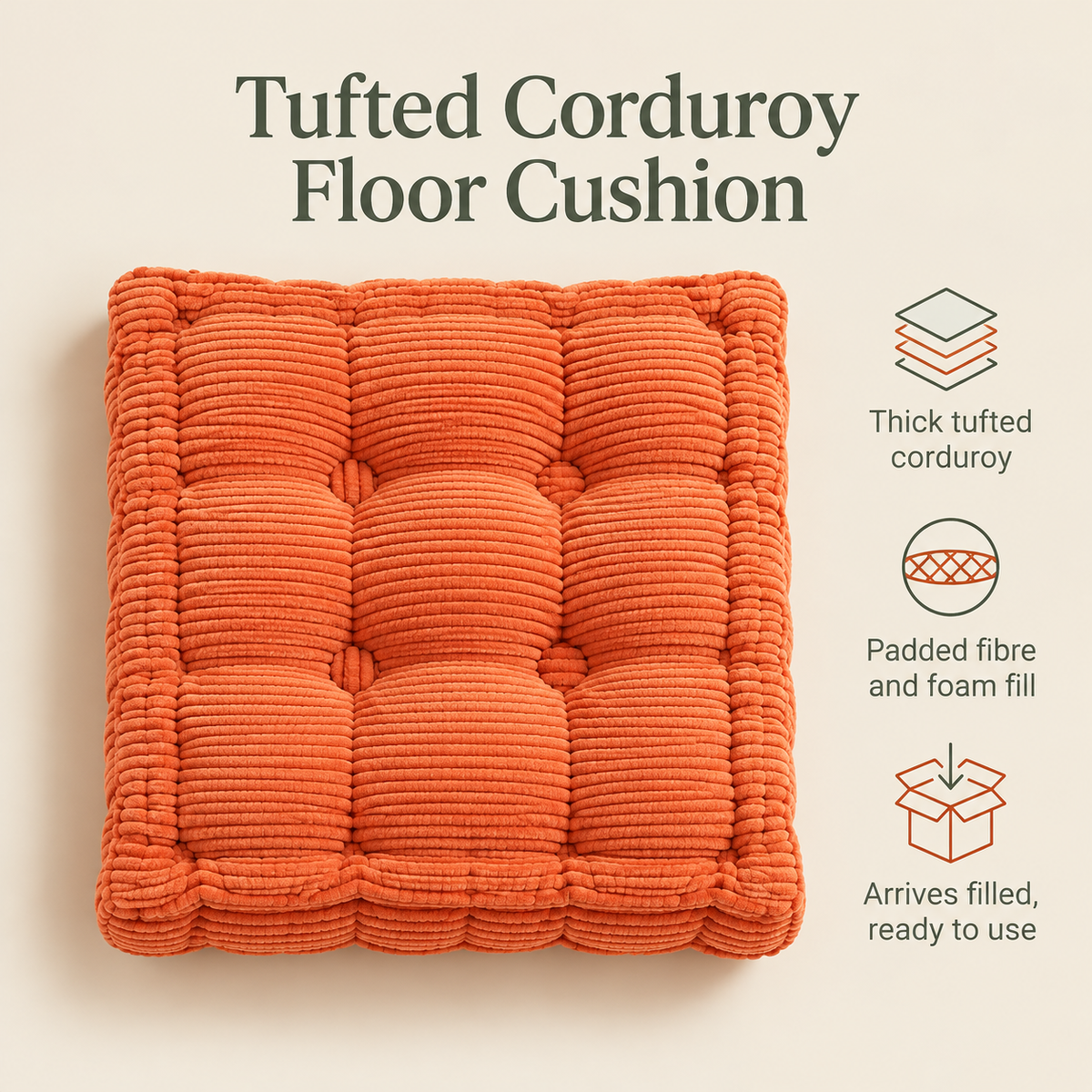 Little Teekie Corduroy Tufted Floor Cushion | Kids Floor Pillow 60cm, Filled – Orange