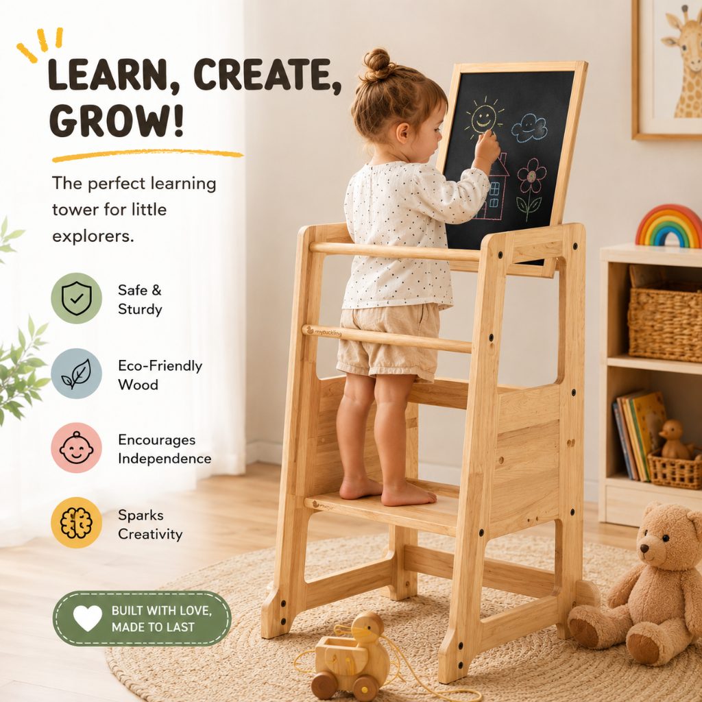 Little Teekie Wooden Adjustable Learning Tower with Activity Board
