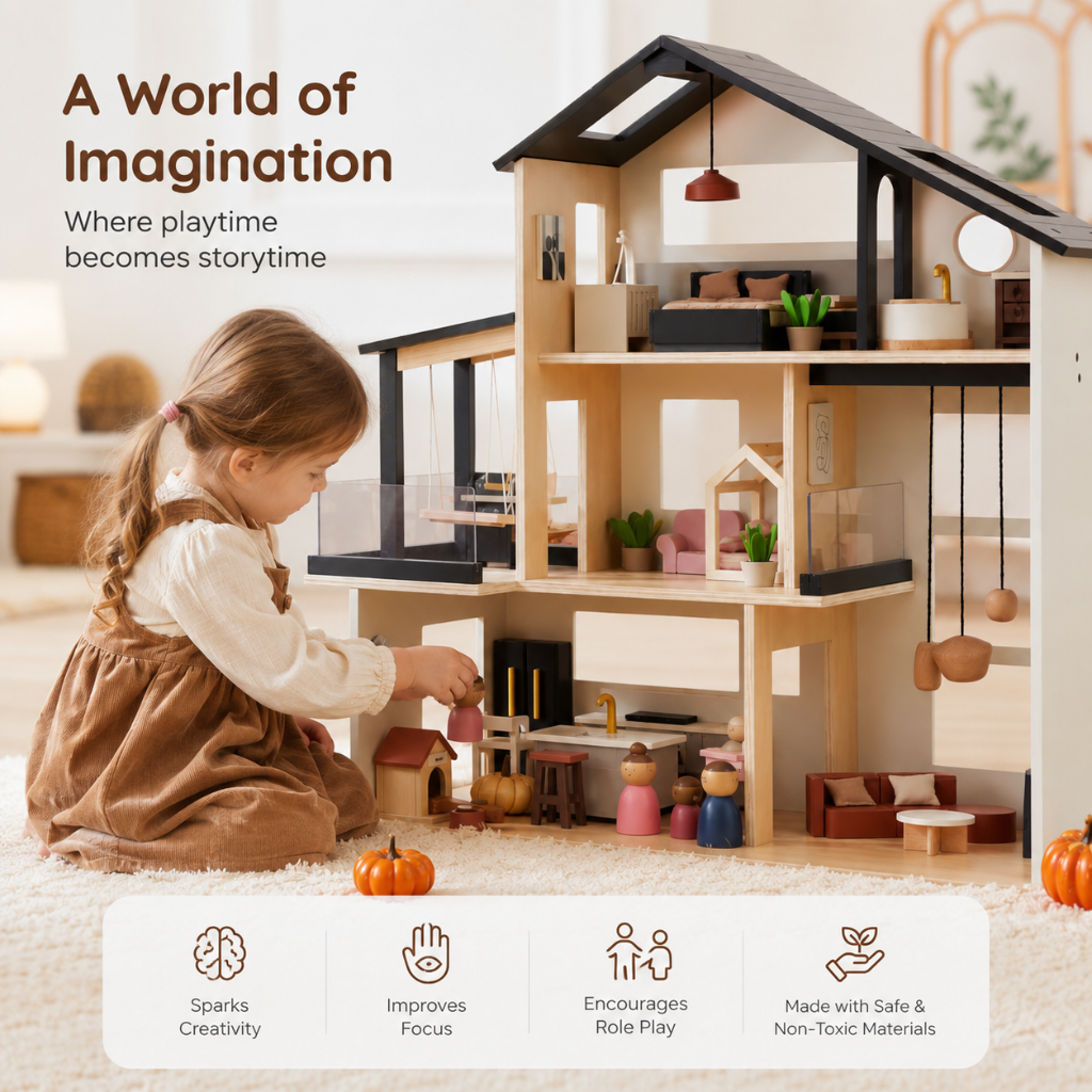 Little Teekies Modern Wooden Dollhouse with Furniture & 7 Rooms