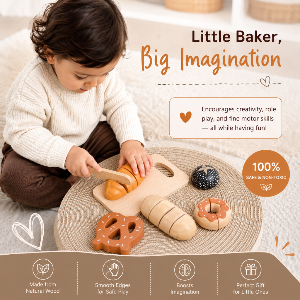Little Teekie Wooden Bread Cutting Toy Play Set