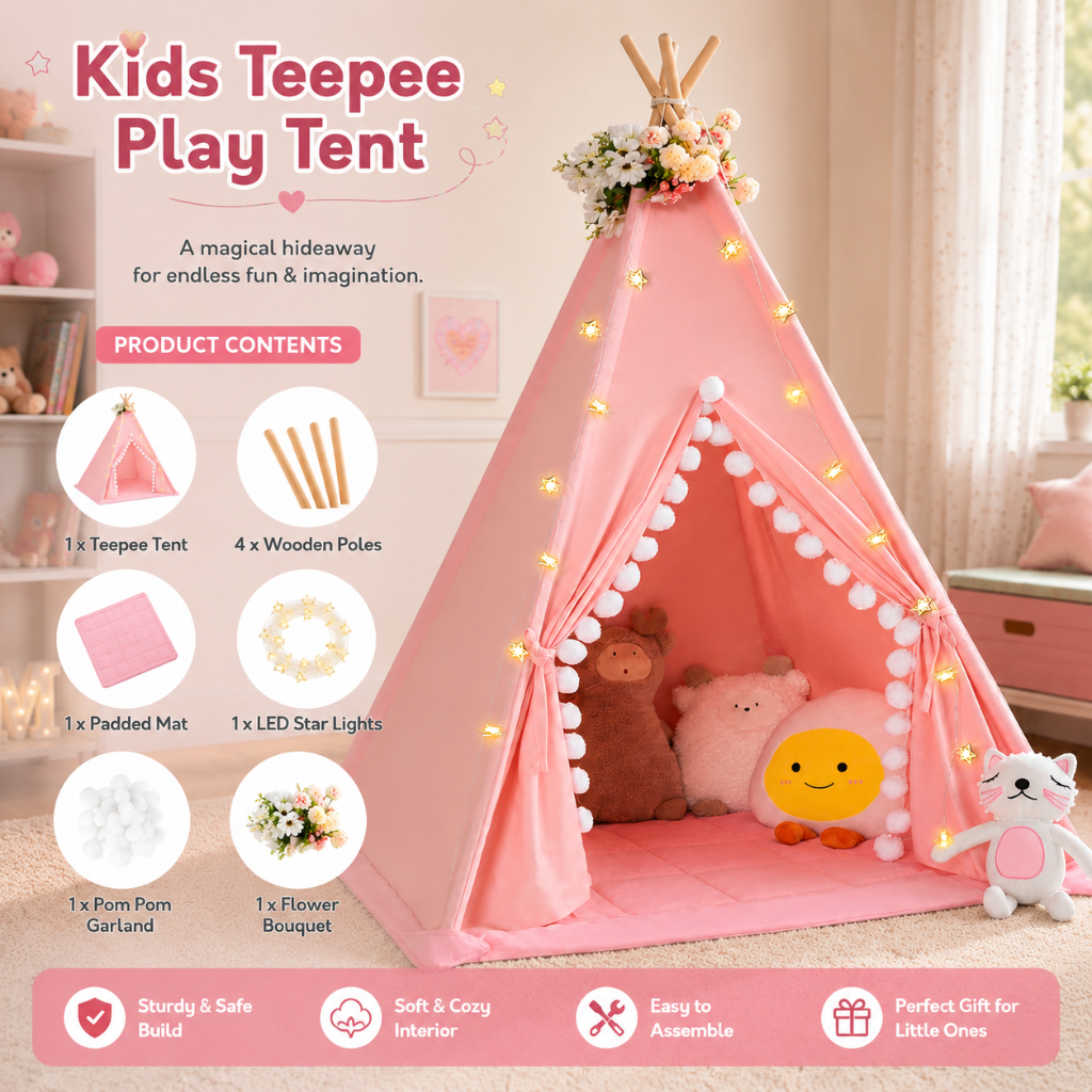 Little Teekies Teepee Play Tent Padded Mat with Pompom for Toddlers
