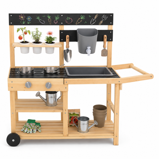Little Teekie Wooden Outdoor Mud Kitchen Play Set with Wheels