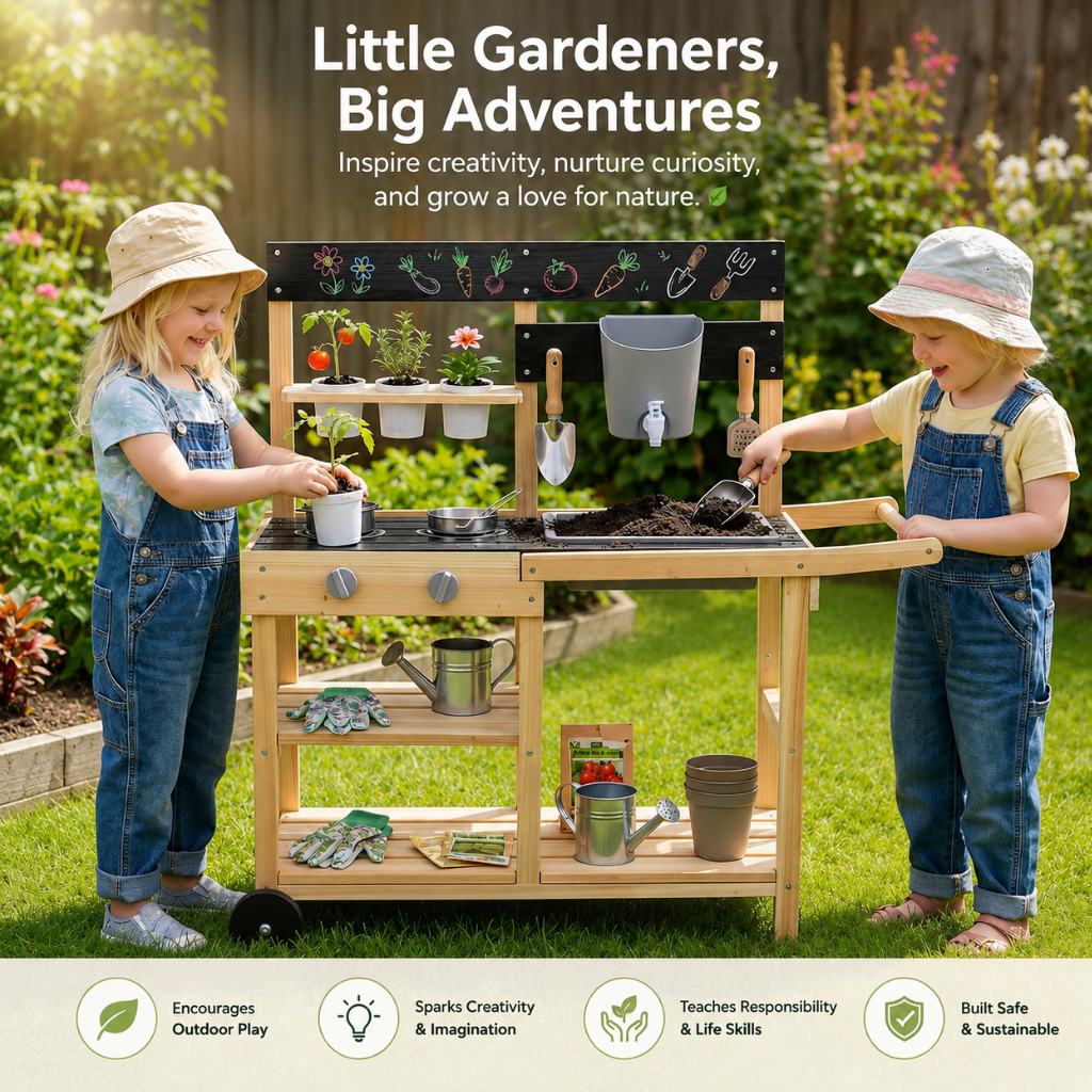 Little Teekie Wooden Outdoor Mud Kitchen Play Set with Wheels