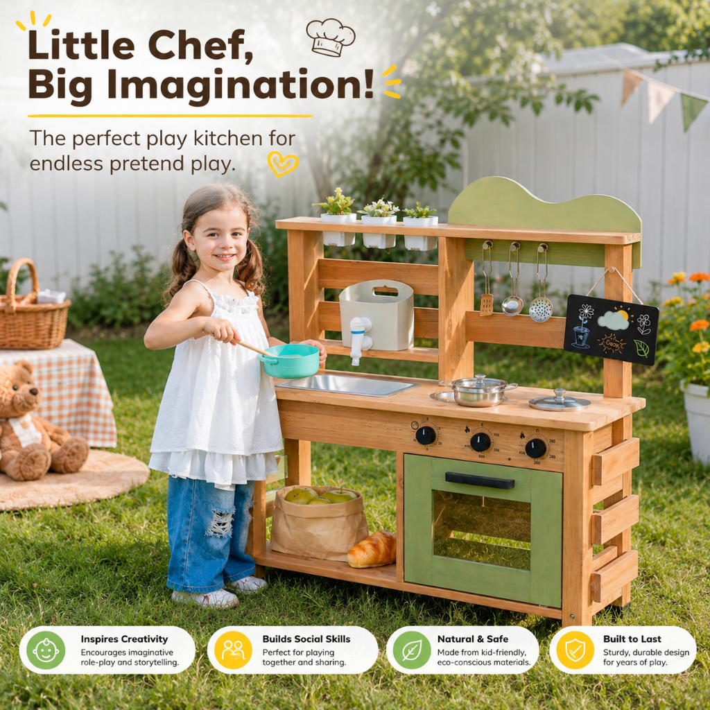 Little Teekie Wooden Mud Kitchen Playset with Removable Sink & Storage