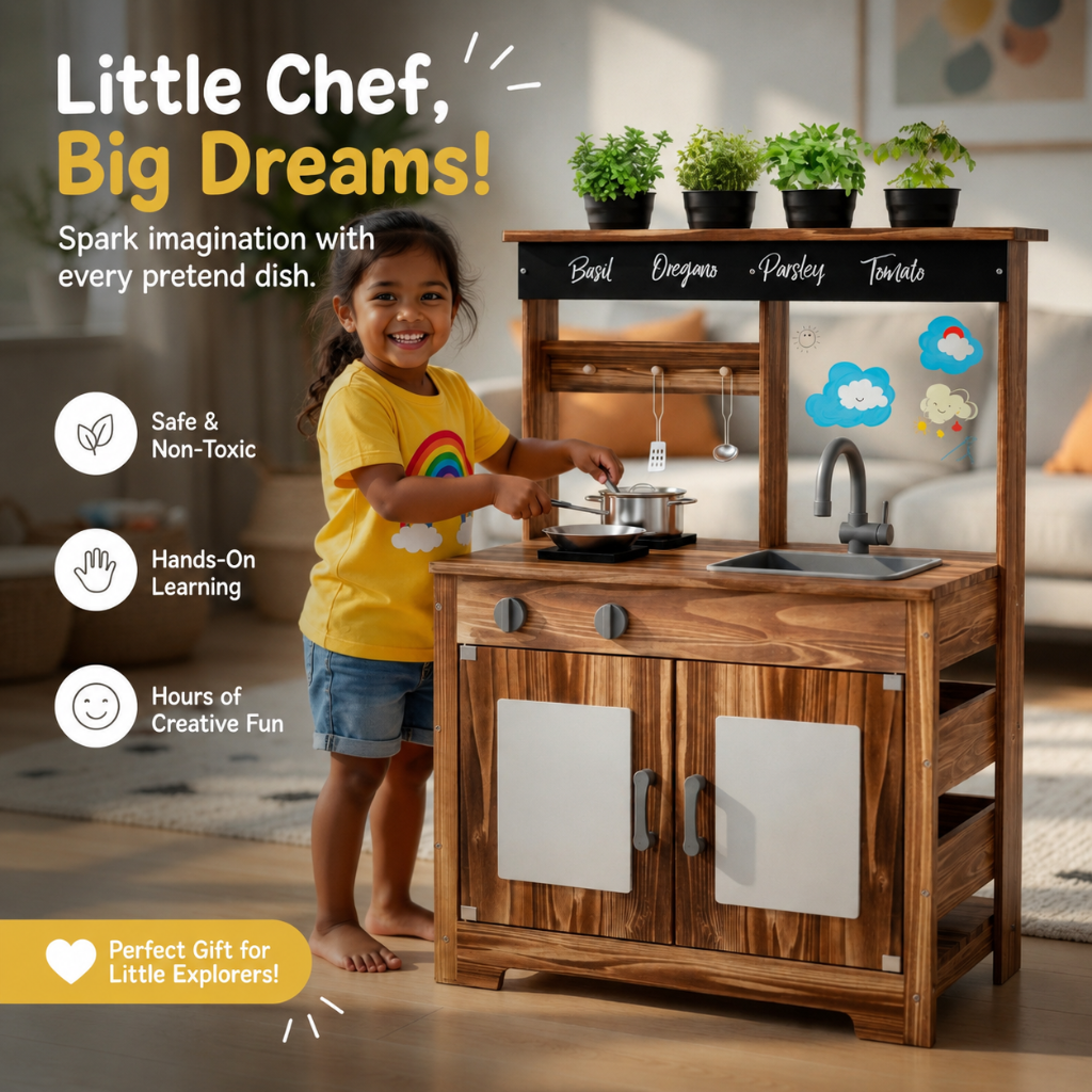 Little Teekie Wooden Mud Kitchen Playset with Sink & Plant Shelf