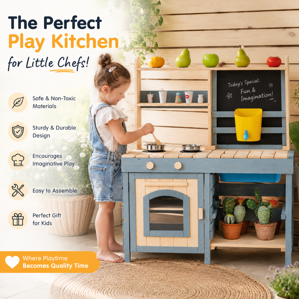 Little Teekie Wooden Mud Kitchen Play Set with Chalkboard
