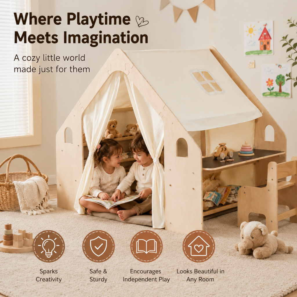 Little Teekie Wooden Kids Playhouse Tent with Storage & Table Set