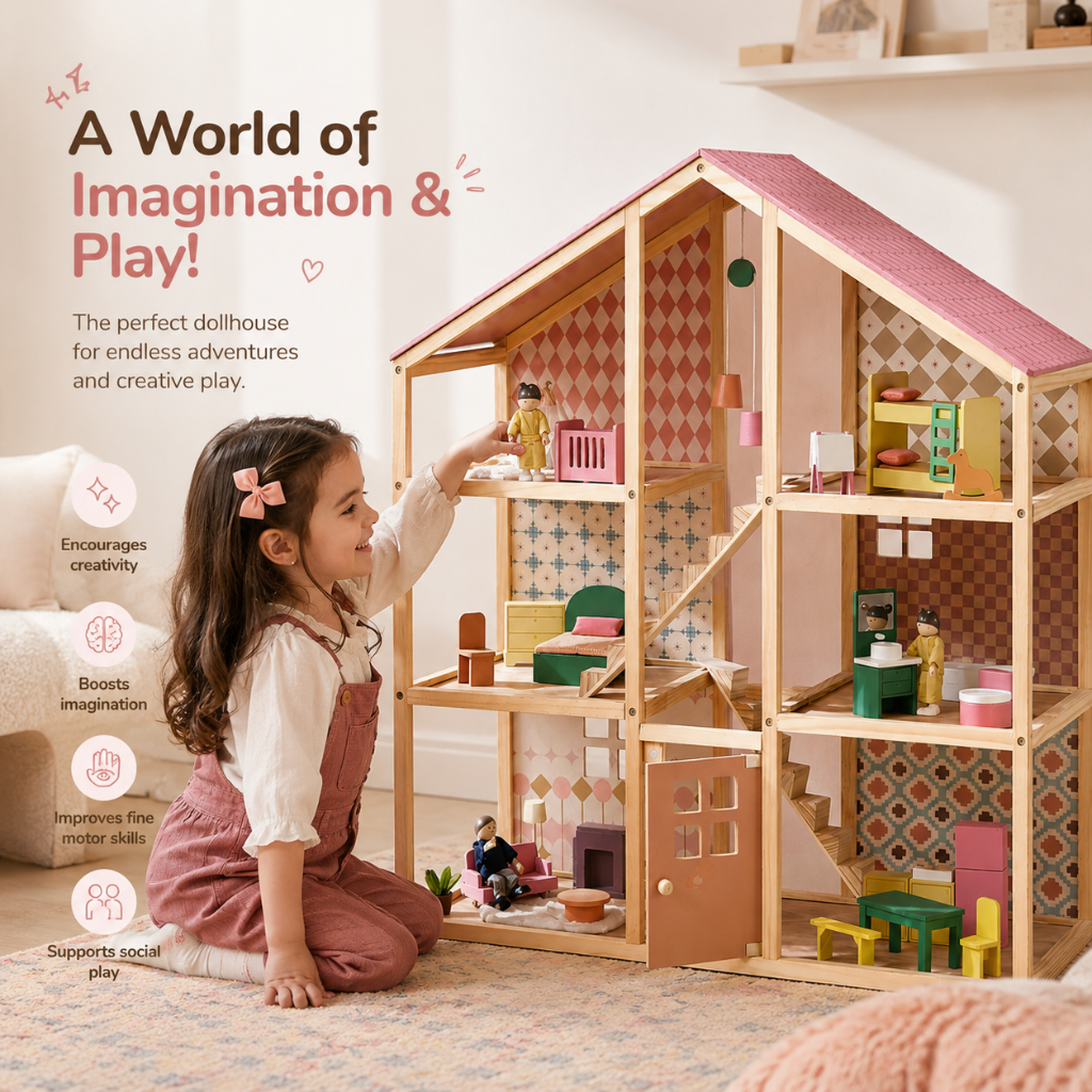 Little Teekie Wooden Dollhouse Playset with Family Figures