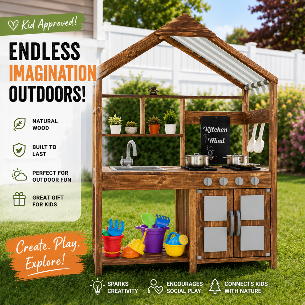 Little Teekie Wooden Outdoor Mud Kitchen Playset with Canopy & Storage