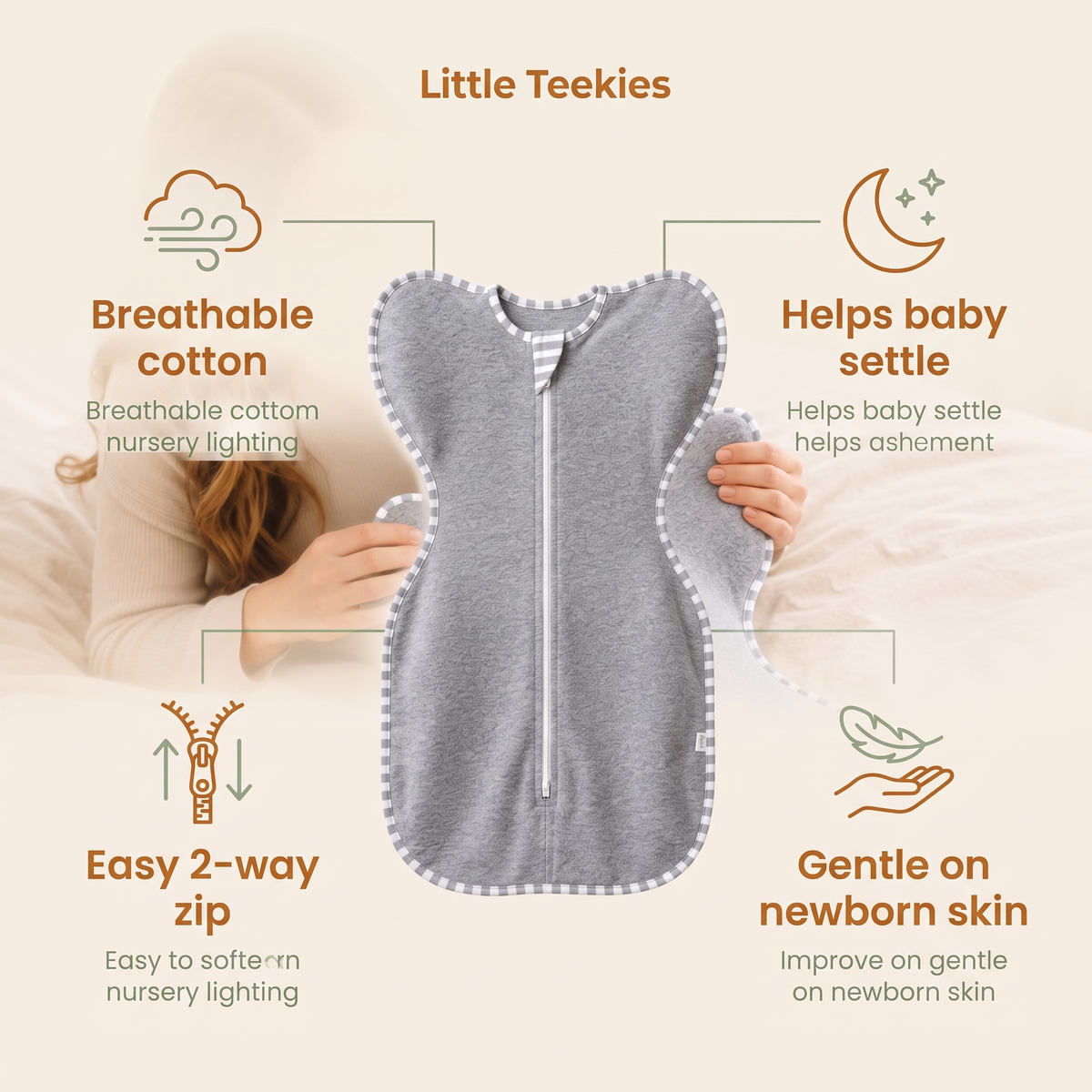 Little Teekie Cozy Zipper Swaddle benefits — breathable cotton, helps baby settle, easy 2-way zip, gentle on skin