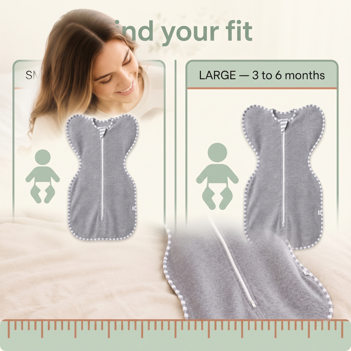 Little Teekie Cozy Zipper Swaddle size guide — Small 0 to 3 months, Large 3 to 6 months