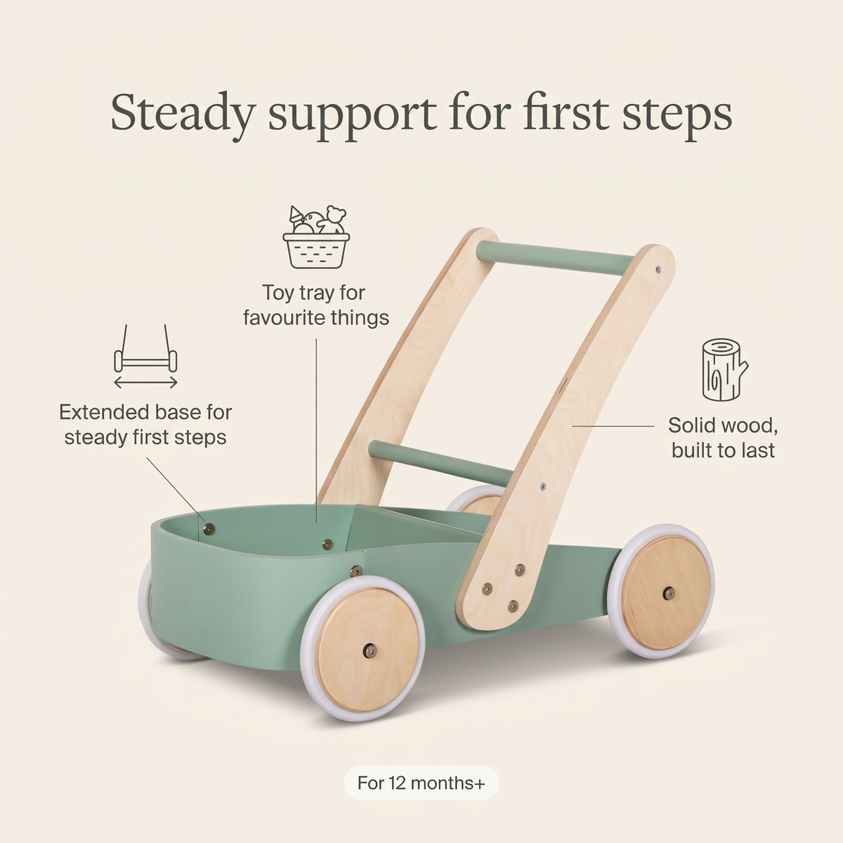 Baby walker features: extended base, toy tray, solid wood, 12 months+