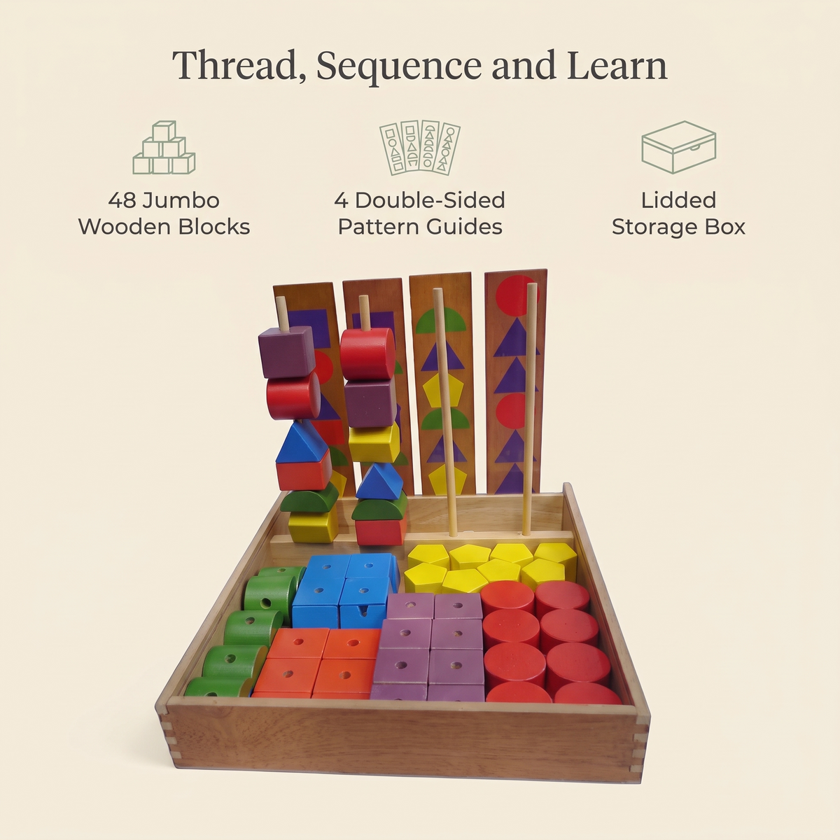 Benefits of the jumbo threading blocks: 48 wooden blocks, 4 double-sided pattern guides, lidded storage box