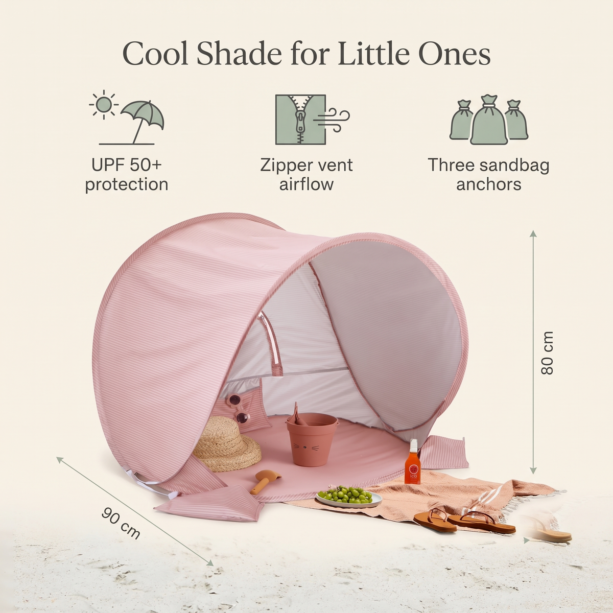 Baby beach tent benefits: UPF 50+ protection, zipper vent airflow, three sandbag anchors, 90 x 70 x 80 cm