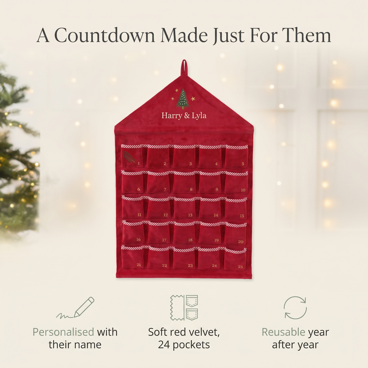 Child opening a pocket on a personalised red velvet advent calendar