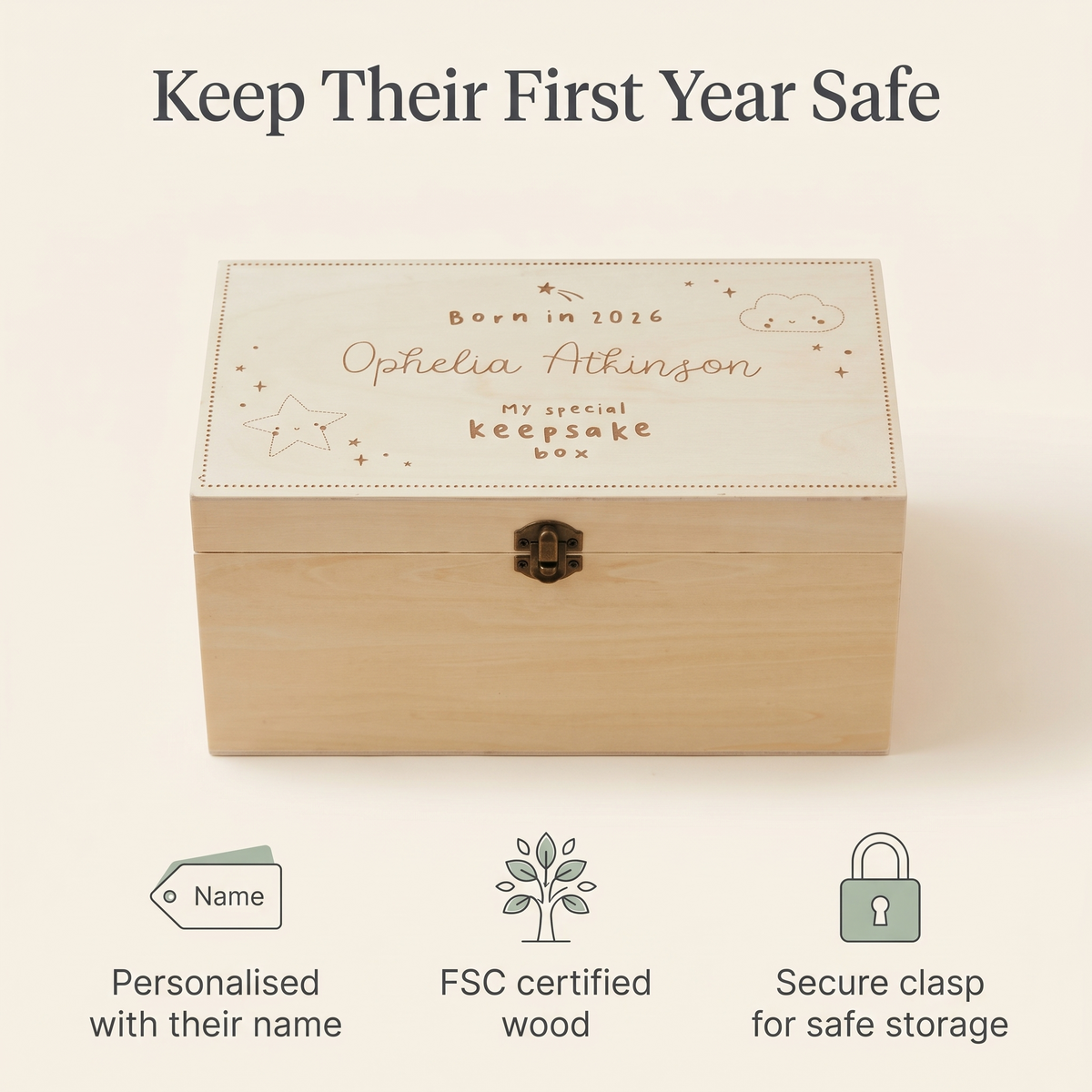 Open Born in 2026 keepsake box with baby mementos inside