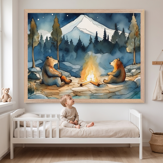 Framed bear bonfire print hanging in a cosy woodland kids bedroom