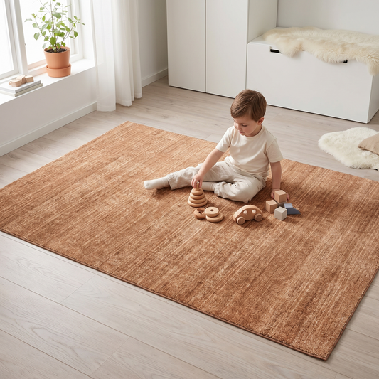 Caramel distressed washable rug styled in a kids playroom