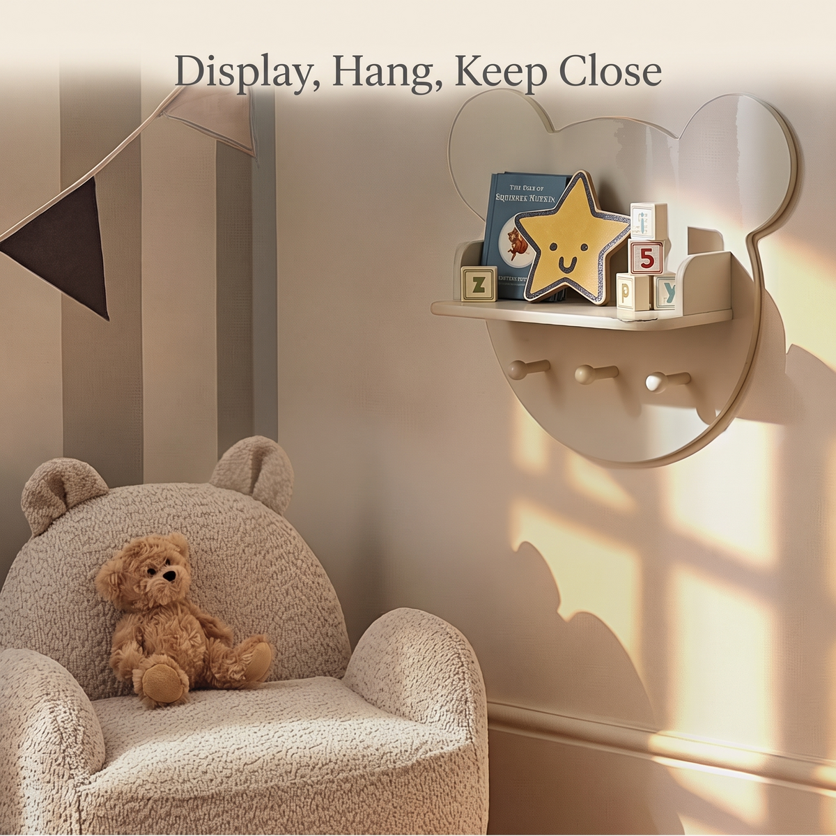 Pebble bear wall shelf in a bright kids bedroom with toys on display